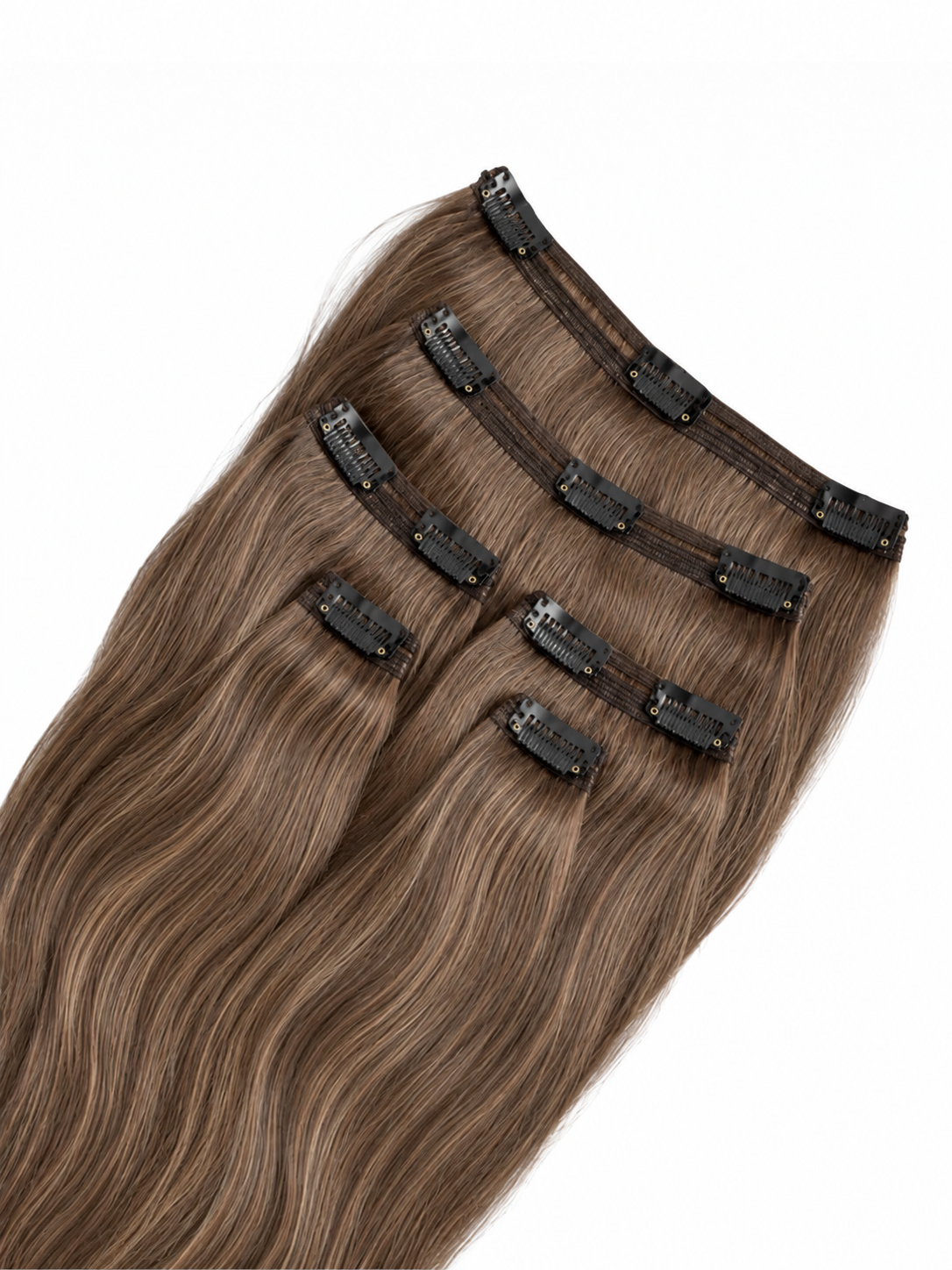 Six-piece clip-in hair extensions with long, wavy brown hair and black adhesive clips, shown on a plain white background.
