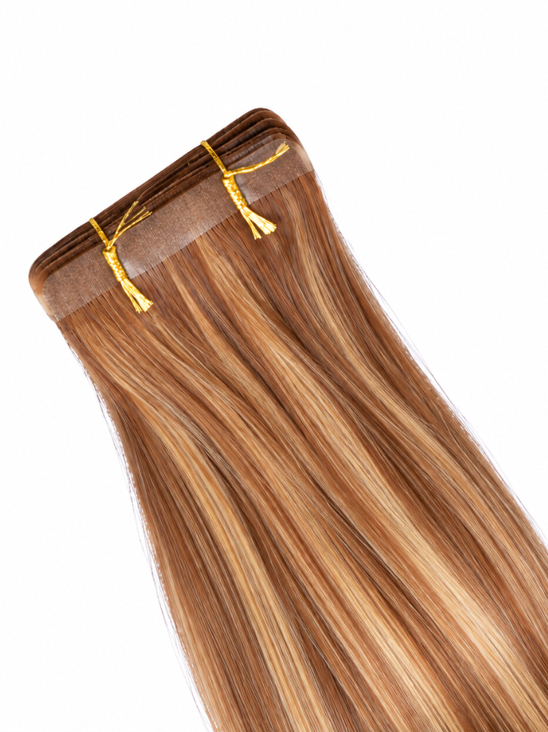 A close-up of a hair extension piece with straight, long strands in a warm caramel brown and blonde highlighted tone, attached to a brown base with gold-tipped clips, shown on a plain white background.