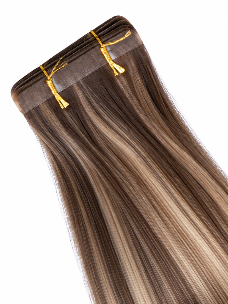 A close-up of a hair extension piece with long, straight brown and blonde ombre hair, secured with gold ties at the top against a white background.