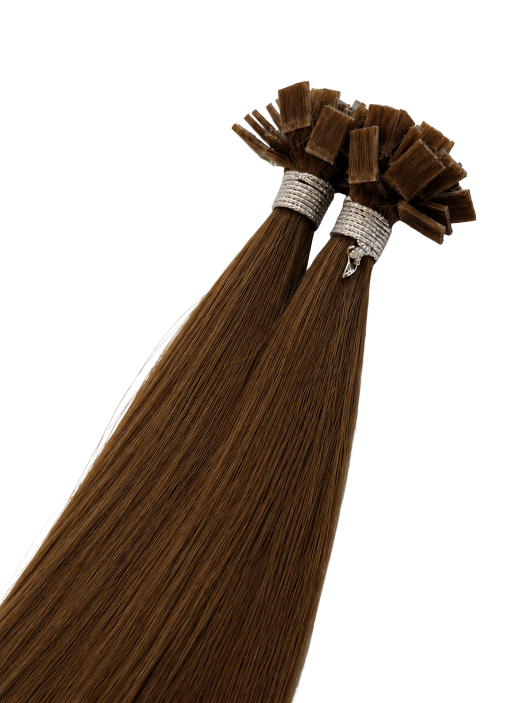 Two bundles of brown hair extension tips with silver bands, shown against a plain white background.