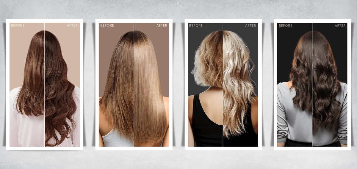 Four vertical before-and-after hair transformation panels displayed side by side on a light gray wall. The panels show different hair colors and textures: dark brown, light brown, blonde, and dark brown, with 'BEFORE' and 'AFTER' labels at the top of each panel.